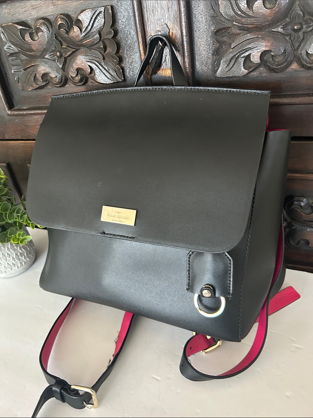 kate spade Black Leather Backpack with Pink Strap Accents - Picture 3 of 17